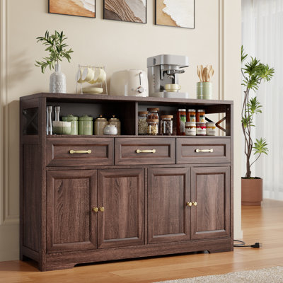Solid Wood Farmhouse Buffet Cabinet with Charging Port, Adjustable Storage, 3 Drawers & 4 Doors