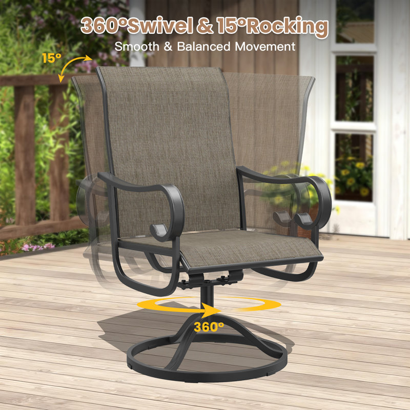 6-Person Rectangular Patio Dining Set With 360° Swivel Textilene Rocking Chairs, Brush Wood Brown/Brown