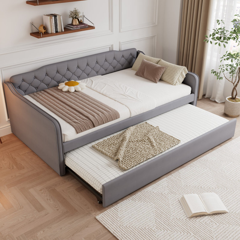 Grey Velvet 4FT6 Double Upholstered Daybed with Pull-Out Trundle, Sofa Bed Conversion, 135x190 cm