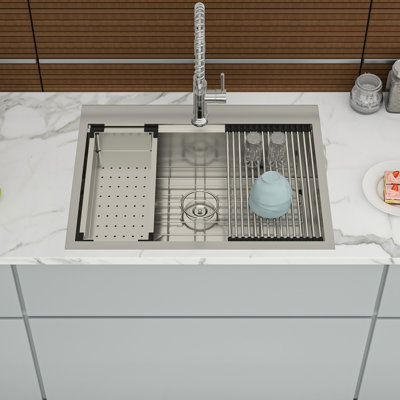 25 Inch Drop-In Kitchen Sink - Stainless Steel 18 Gauge. Workstation With Practical Functions. 25"X22"X9", Includes Drain Assembly, Bottom Rinse Grid. Brushed Nickel Finish 25"X22"X9" Functional