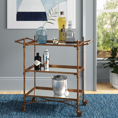 Metal Rolling 3 Mirrored Shelves Bar Cart with Handles