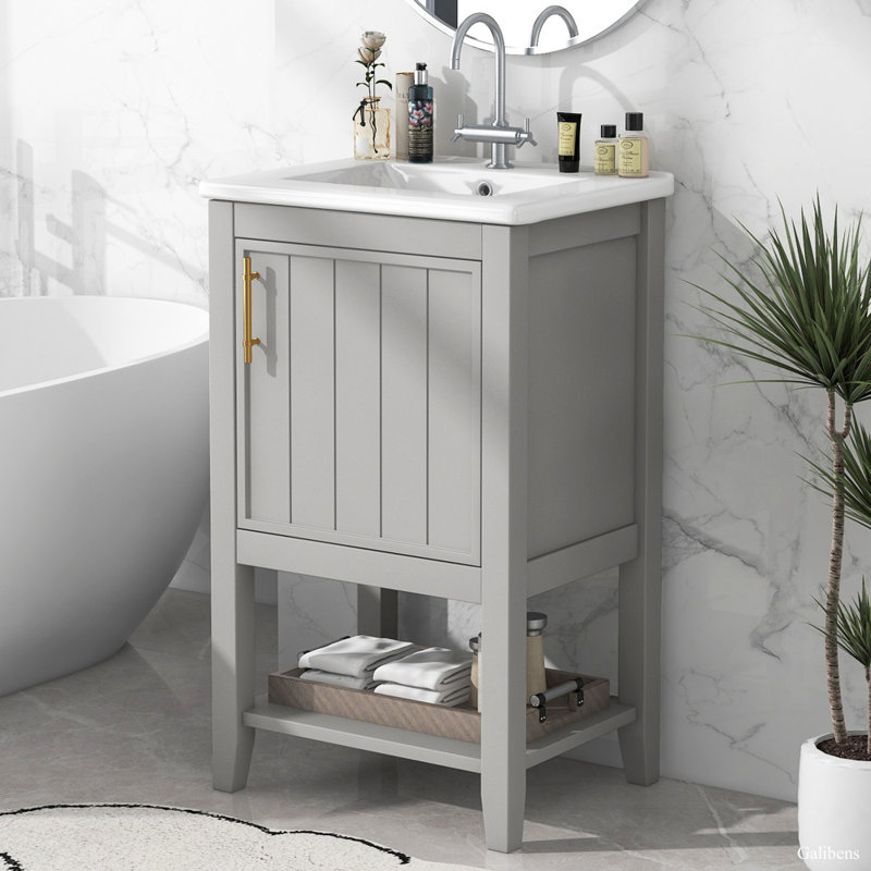 Meuble-lavabo de 20 po avec lavabo, armoire de salle de bain avec porte à fermeture douce, support de rangement et tablette ouverte