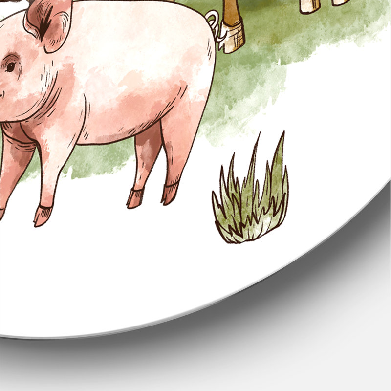 Ferme avec cochon de vache oie et botte de foin - Cercle rustique en métal, art mural, H 11 po x l 11 po x p 1 po