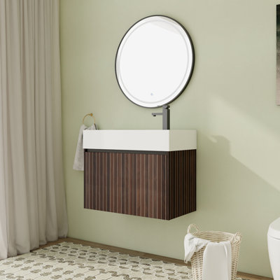 Meuble-lavabo flottant mural 30 po avec plateau en résine et porte à fermeture en douceur