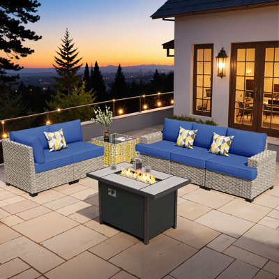 Ensemble de conversation pour 5 personnes, ensemble de conversation modulaire en rotin et osier avec coussins, ensemble de conversation pour canapé toutes saisons avec table pour jardin