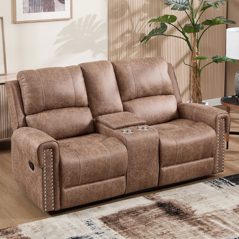 75" Vegan Leather Manual Reclining Loveseat Sofa, 2 Seater Recliner Couch with Storage & Cup Holder