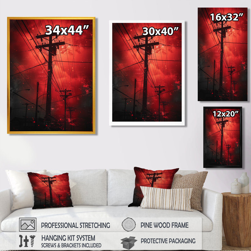 Rouge, noir, urbain, Pulse Power Lines - Power Lines Wall Art Living Room, H 30 po x l 40 po, Cadre flottant brun