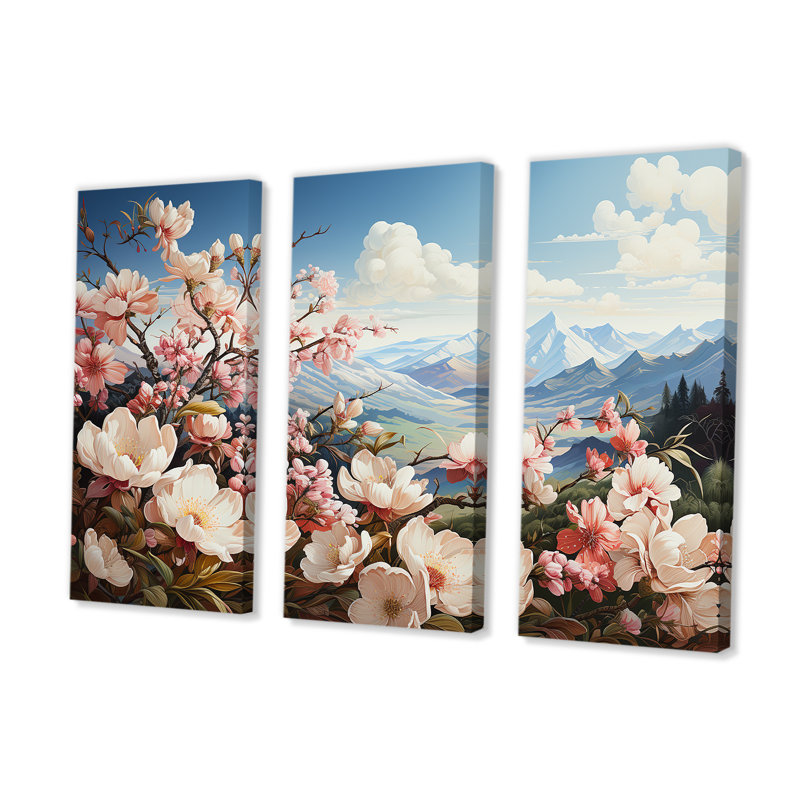 Fleurs de pommier japonais par la montagne II - fleurs, ensemble d'art mural, H 40 po x l 60 po x P 1 po