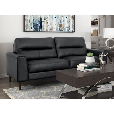 Modern Sofa  Furniture Black Top Grain Leather Sofa 1Pc Cushion Seat And Back Solid Wood Frame