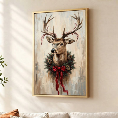 Reindeer with Gold Holiday Wreath Gold Christmas Floater Framed Canvas Wall Art 16" W x 24" H