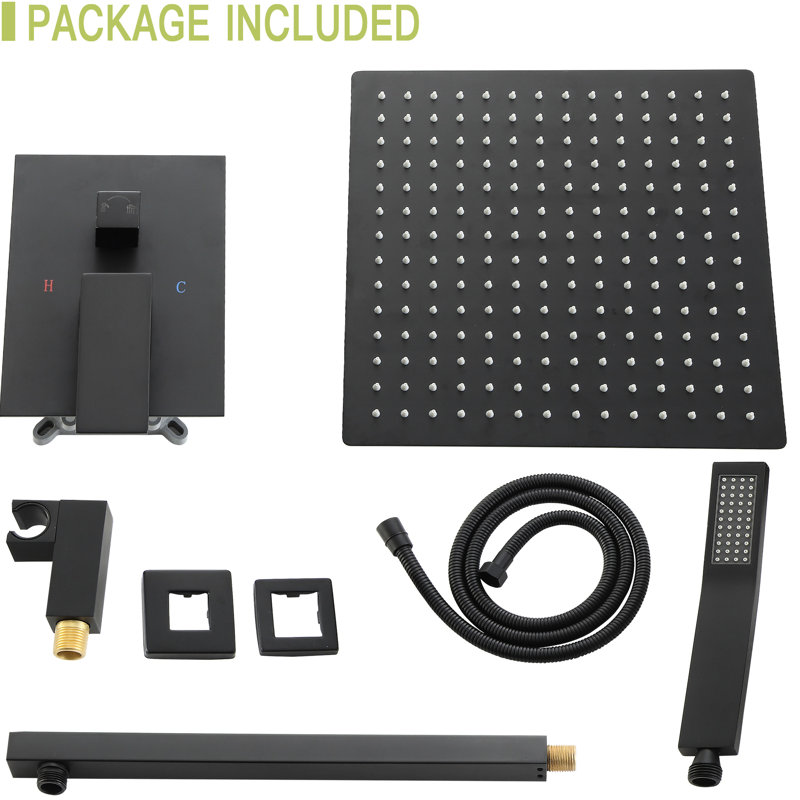 Pomme de douche murale double - 12 po, noir mat, tuyau avec têtes, noir, Noir