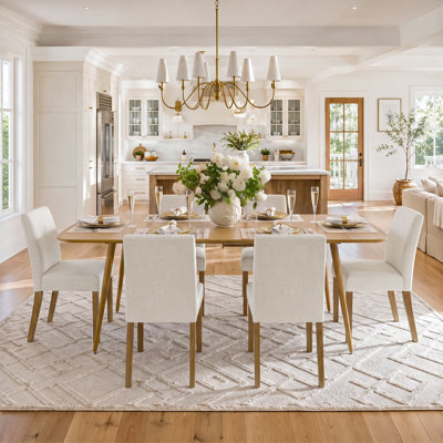 6 - Person Dining Table Sets With Extendable Table & 6 Upholstered Linen Chairs