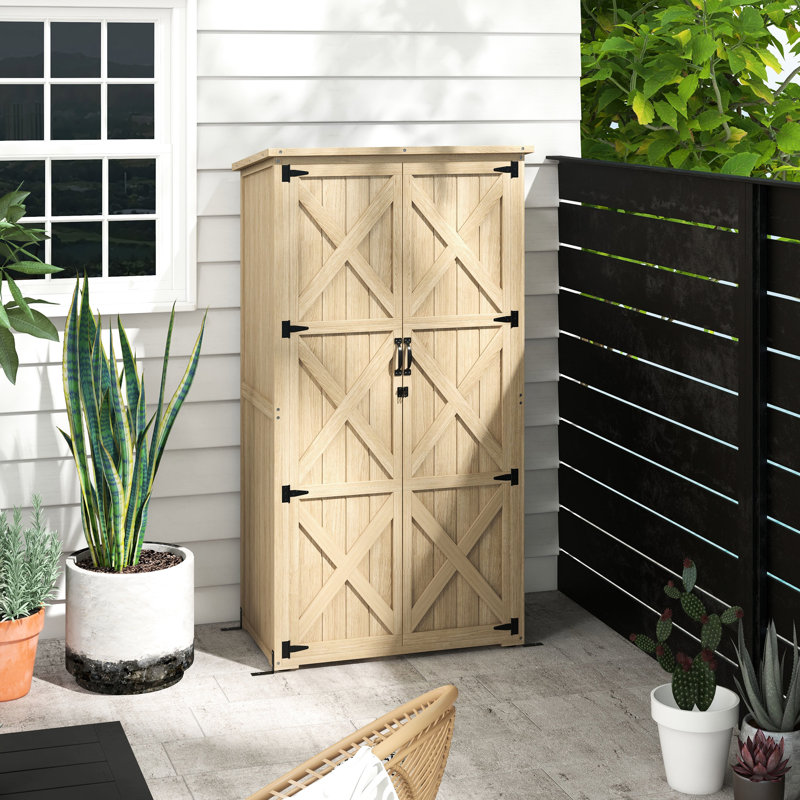 Outdoor Wooden Shed With Lockable Function, Waterproof Asphalt Roof And Shelves - Natural Wood Cabinet For Gardening Tools Pool Accessories Lock Roof, Supplies