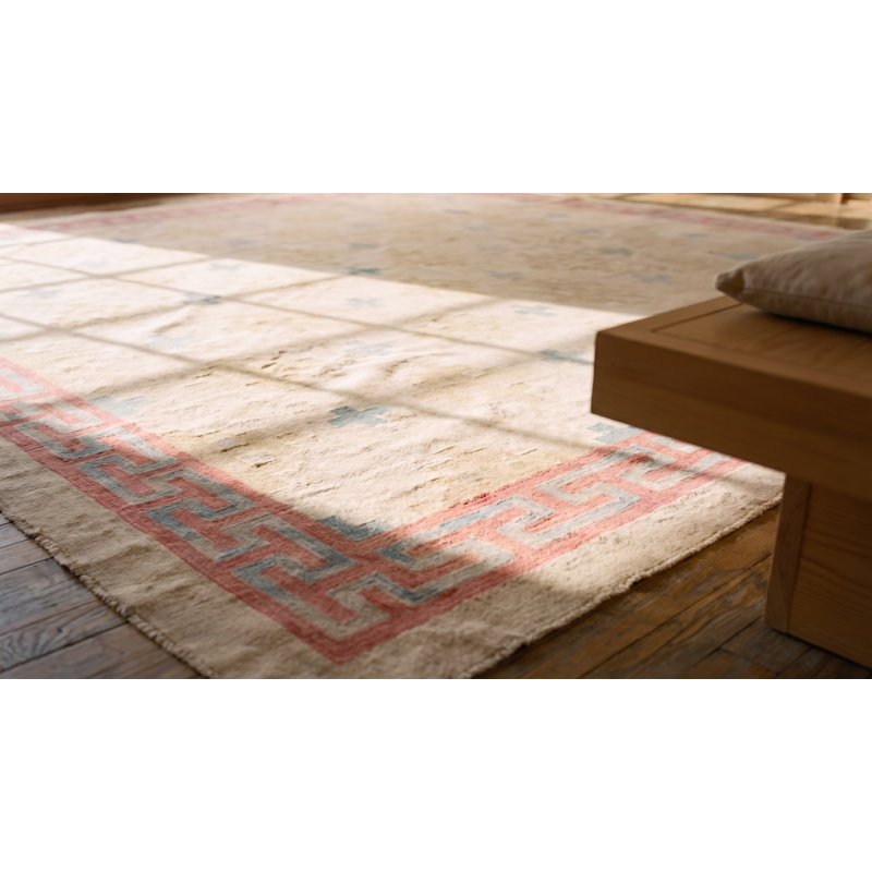Faded Cream Color Geometric Pattern Antique Square Dhurrie Flatweave Rug