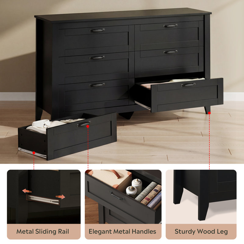 Serefina 54"W 6-Drawer Modern Dresser, Dark Black Wood Dresser with Solid Legs for Bedroom, Large Storage Double Dresser with Metal Handles Fits Closet or Hallway