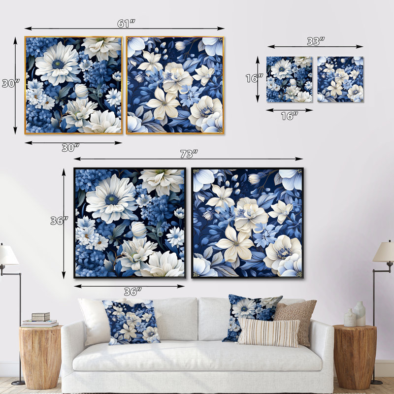 Ensemble de 2 collages floraux bleus et blancs à motif floral IV, Cadre flottant noir, H 16 po x l 33 po