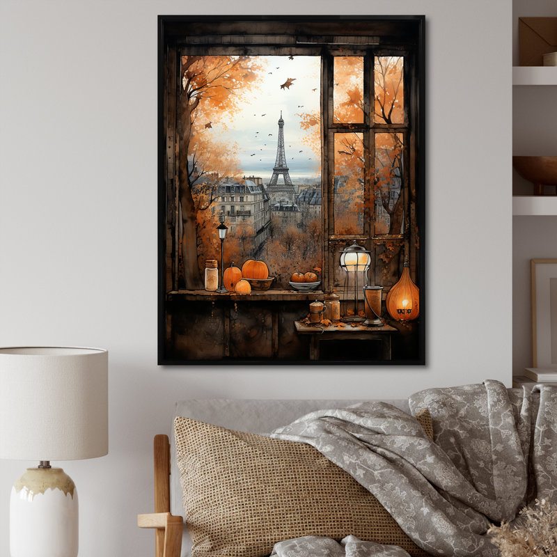 «Retro Paris Window View 5 - City Paris», art mural, Cadre flottant noir, H 60 po x l 28 po