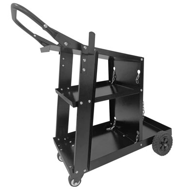 3-Tier Heavy-Duty Welding Cart – 220 lbs Load Capacity – Bottle Holder & Safety Chains – Shelves, Wheels & Hooks – For MIG/TIG Welding Machines & Plasma Cutters