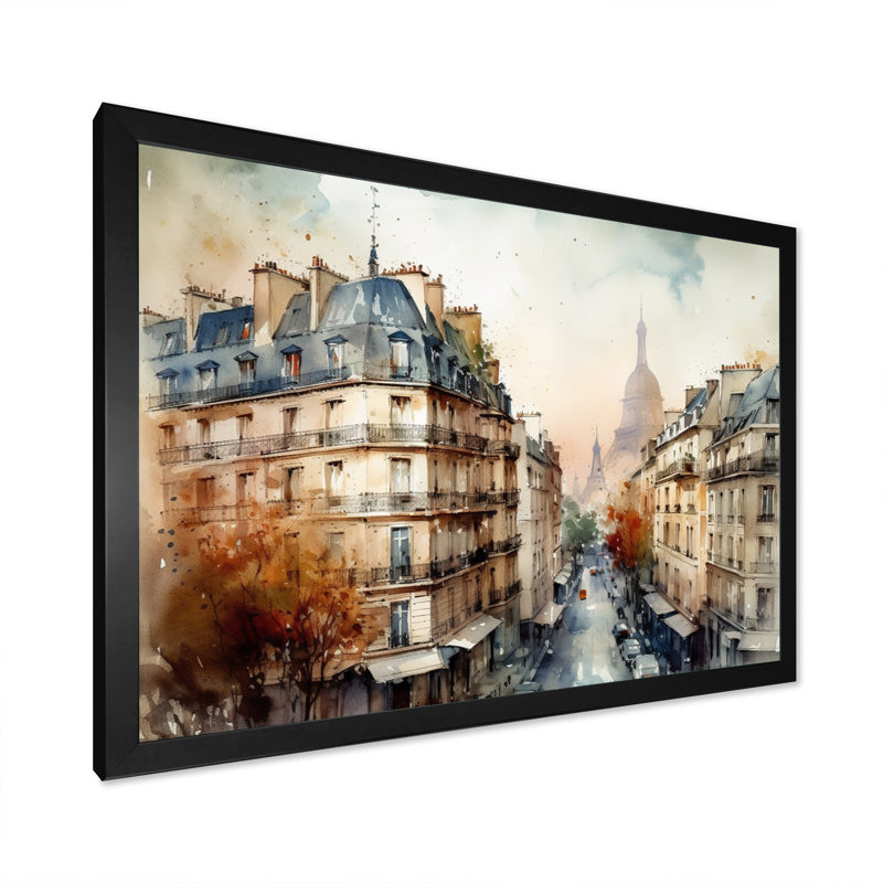 Aquarelle de Paris, France I sur impression sur toile, Cadre noir, H 12 po x l 20 po x P 1 po