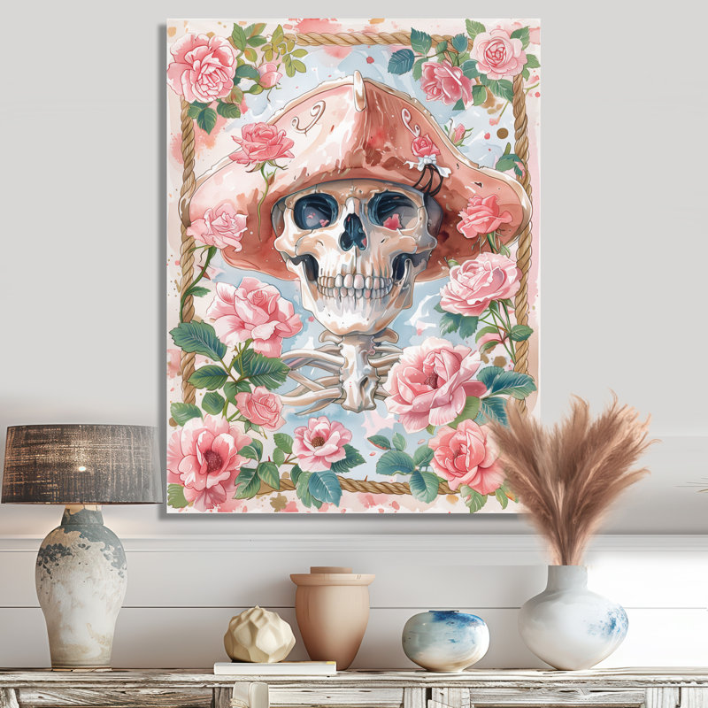 Décoration de crâne de pirate rose et vert Blooms IV - Bord de mer, Toile tendue, H 12 po x l 20 po x P 1 po