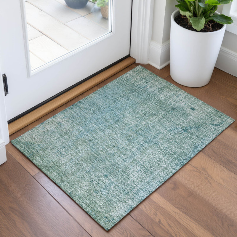 Tapis bleu sarcelle lavable à la machine intérieur / extérieur Xhevrie, Rectangle 1 pi 8 po x 2 pi 6 po