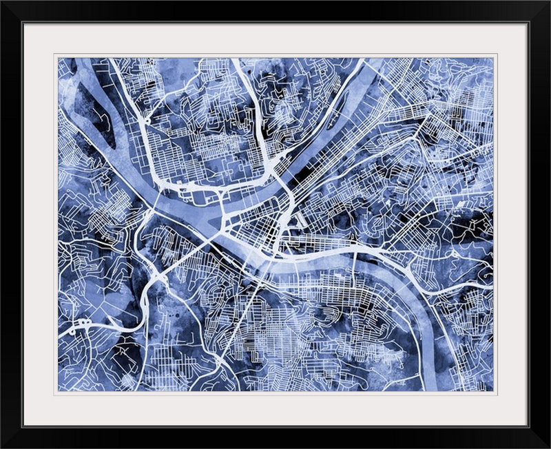 «Pittsburgh Pennsylvania Street Map» par Michael Tompsett - impression d'art graphique, Cadre noir