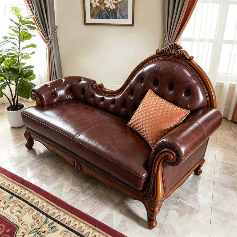 Fauteuil de princesse en cuir vin rouge 74,8 po de style américain et bois massif