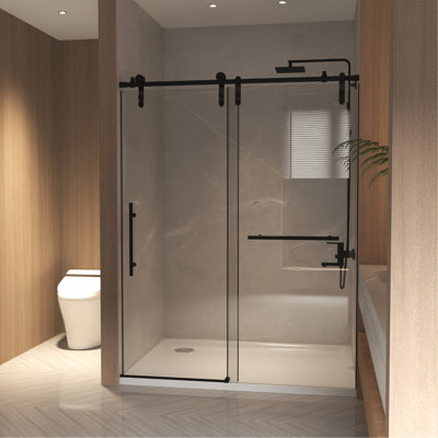 Porte de baignoire coulissante sans cadre de 56 à 60 po x 66 po, porte de douche pour baignoire, verre trempé transparent de 5/16 po (8 mm), cadre en acier inoxydable, noir mat