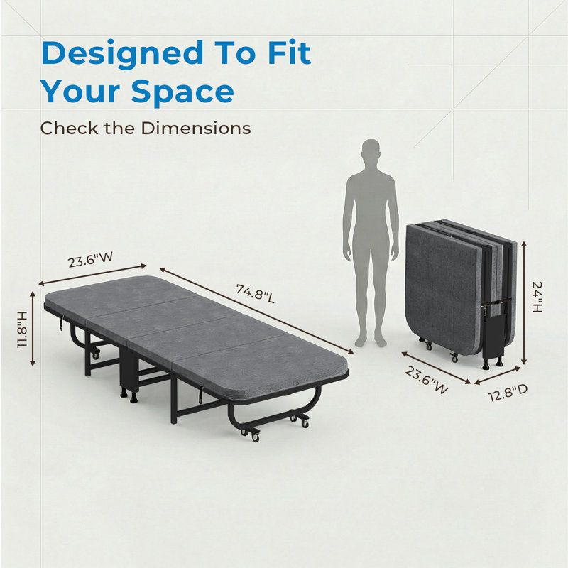 Lit pliant de 24 po de largeur avec matelas en mousse à mémoire de forme et 8 roulettes verrouillables, Twin, Dark Gray