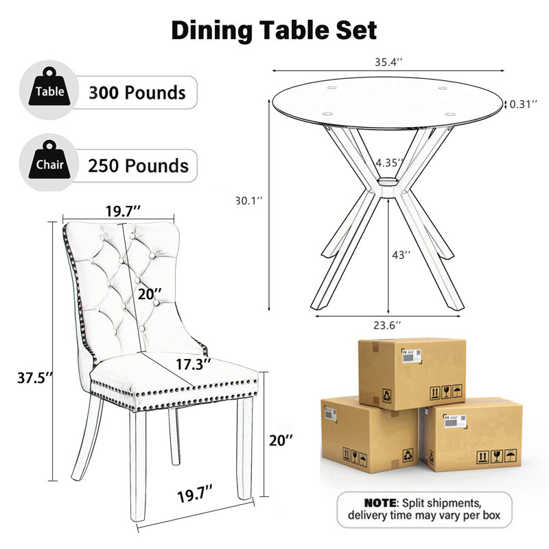 Ensemble de table de salle à manger rond transparent pour 2 à 4 personnes, table de cuisine moderne en verre trempé et chaises avec fauteuil capitonné en velours pour la salle à manger, petit espace, appartement