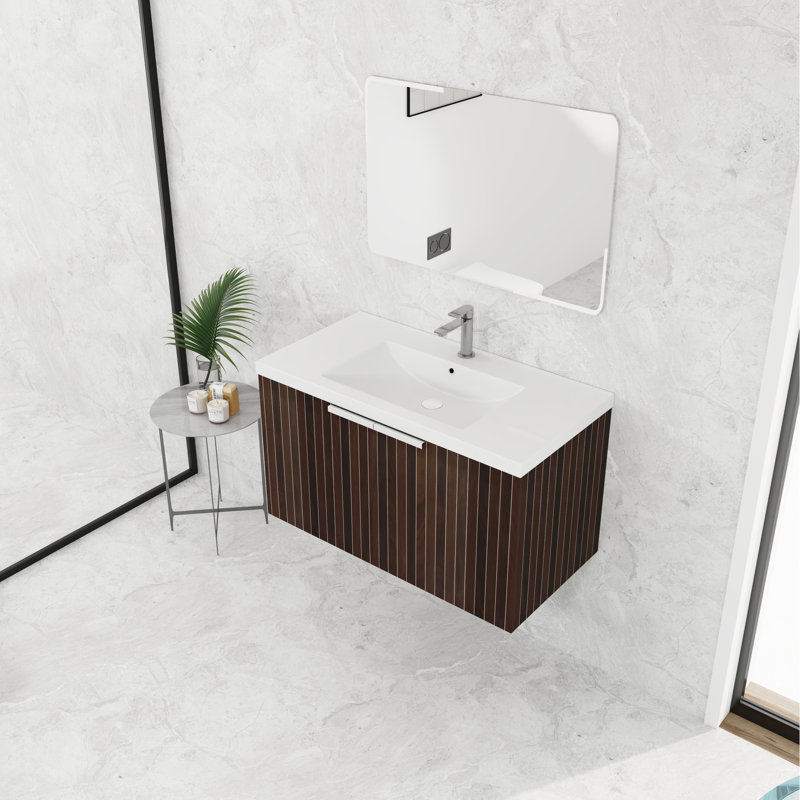 Armoire de rangement moderne avec lavabo en résine. 36 po, fixation murale. Rayures pratiques. Meuble-lavabo généreux de 36 po, monté. Motif. Abondante