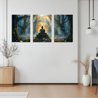 Ensemble de 3 tableaux sur toile représentant Bouddha dans une forêt enchantée au clair de lune et aux lucioles