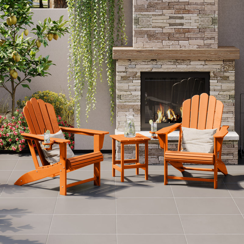 Outdoor Poly Adirondack Chair With Side Table 3-Piece Set, 3 Pcs: Side Tables, 2 Chairs, Orange