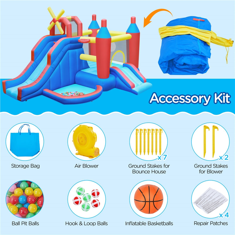 Blue and Red Inflatable Bounce House with Slide and Ball Pit