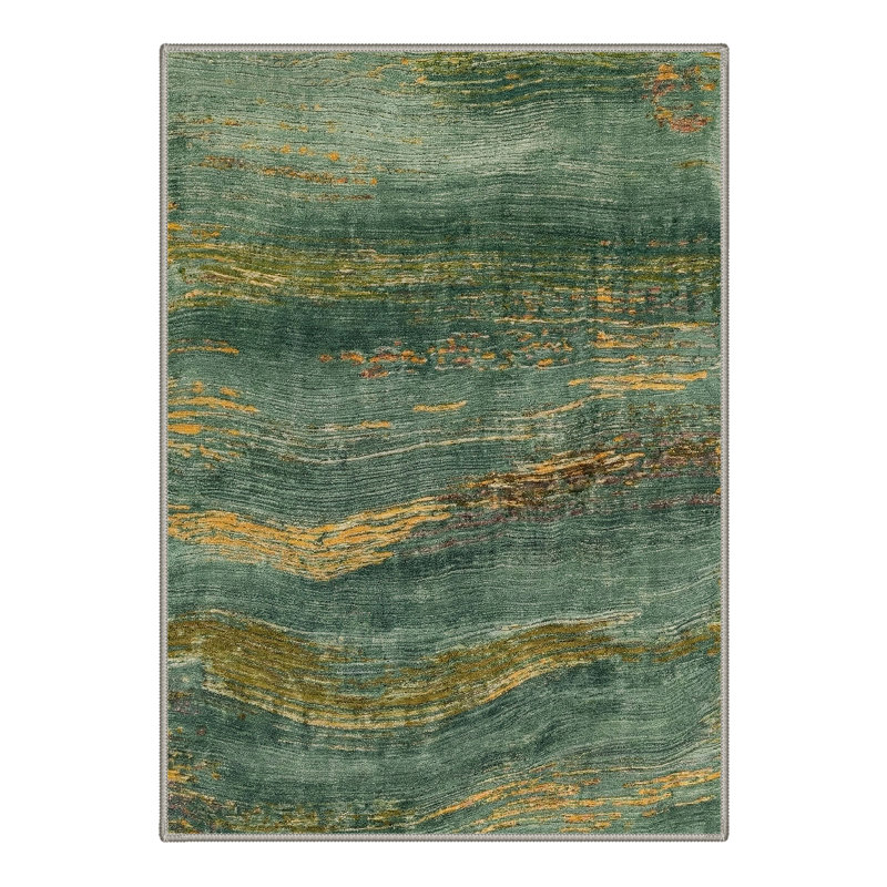 Tapis d'intérieur lavable à la machine antidérapant abstrait, Doré / vert, Rectangle 6 pi x 9 pi