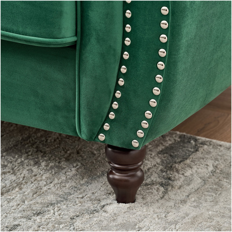 Canapé en tissu d'ameublement en velours de 67 po avec accoudoirs roulés et têtes de clous Chesterfield 67 po, canapé rembourré de style Mid-Century, canapé 2 places pour salon, bureau, appartement, vert