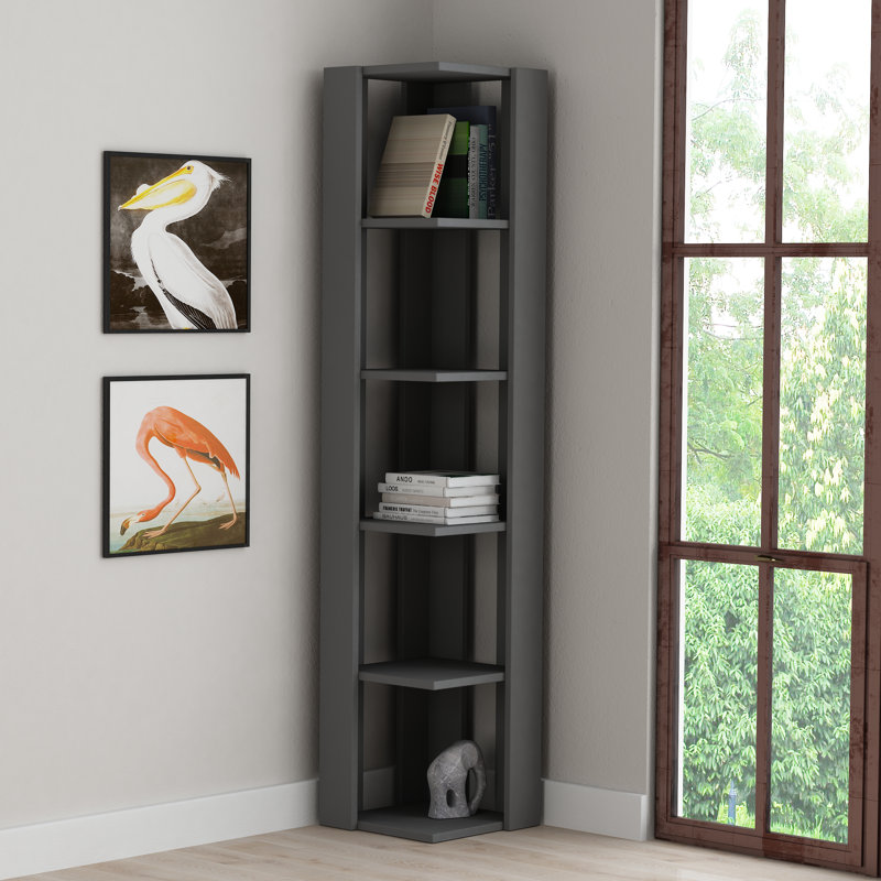 Nati Modern Corner Bookcase 5 Tiers | 34 x 34 x 161 cm | Space-Saving Design, Antracite