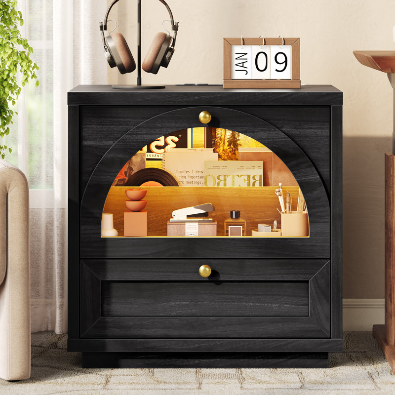 21.26'' W Nightstand With 2 Drawers Charging Station & Led Lights For Bedroom Living Room