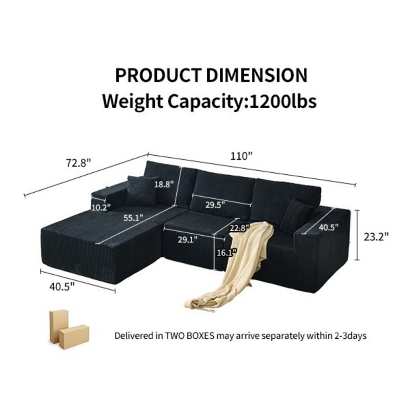 Canapé modulaire 110 po avec repose-pieds Cloud, Velours côtelé noir
