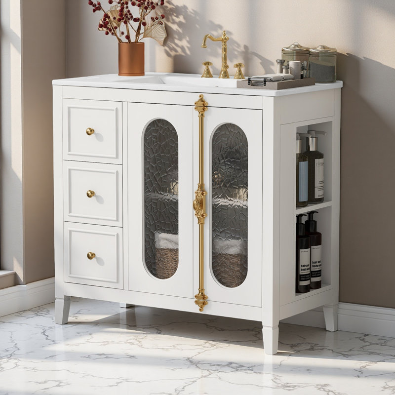 Meuble-lavabo de 36 po avec 2 portes à fermeture douce, armoire de rangement moderne à 3 tiroirs avec cadre en bois massif