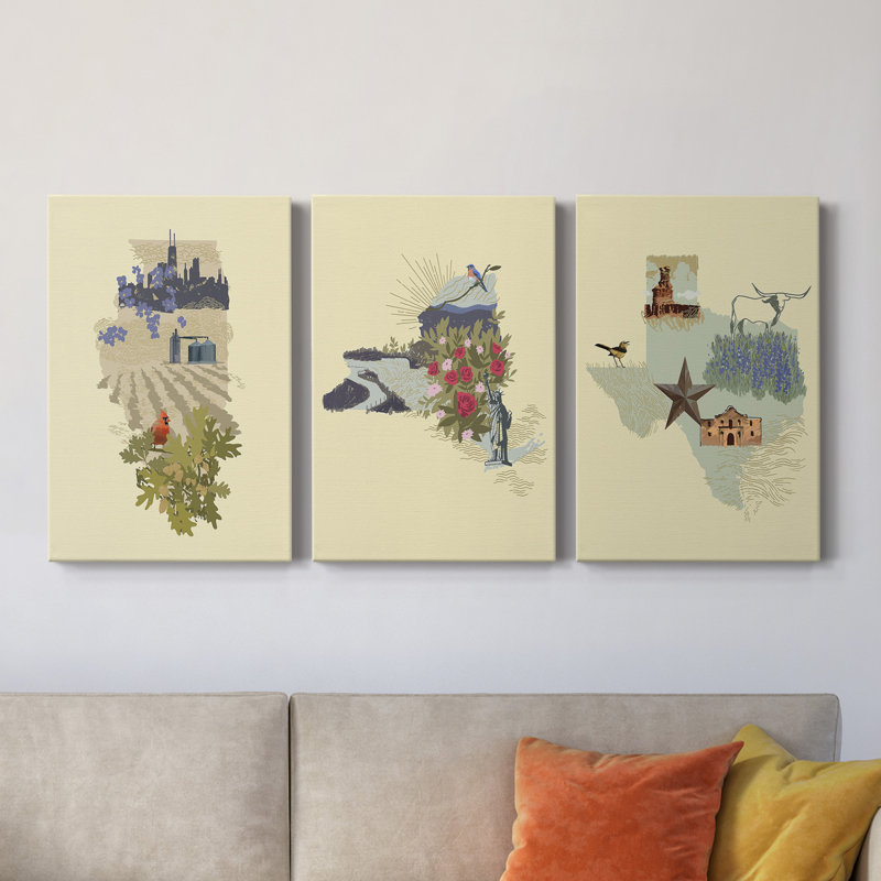 Illustrated State-Illinois - ensemble de 3 impressions sur toile tendue, H 12 po x l 24 po x P 1 po