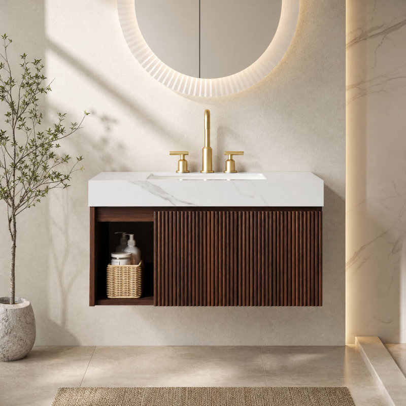 Meuble-lavabo suspendu de 91 cm (36 po) avec comptoir en pierre frittée et lavabo en céramique, Widespread