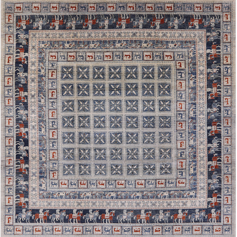 Tapis géométrique gris / bleu / brun, Carré 4 pi