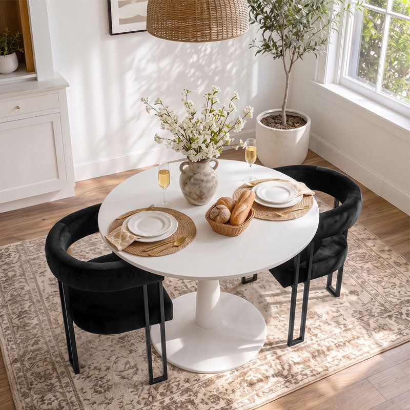 Ensemble de table de salle à manger pour 2 personnes avec table ronde et 2 fauteuils rembourrés en velours, Black/Black