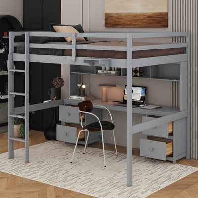 Lit mezzanine double avec bureau, armoires, tiroirs et plateau de chevet, station de charge