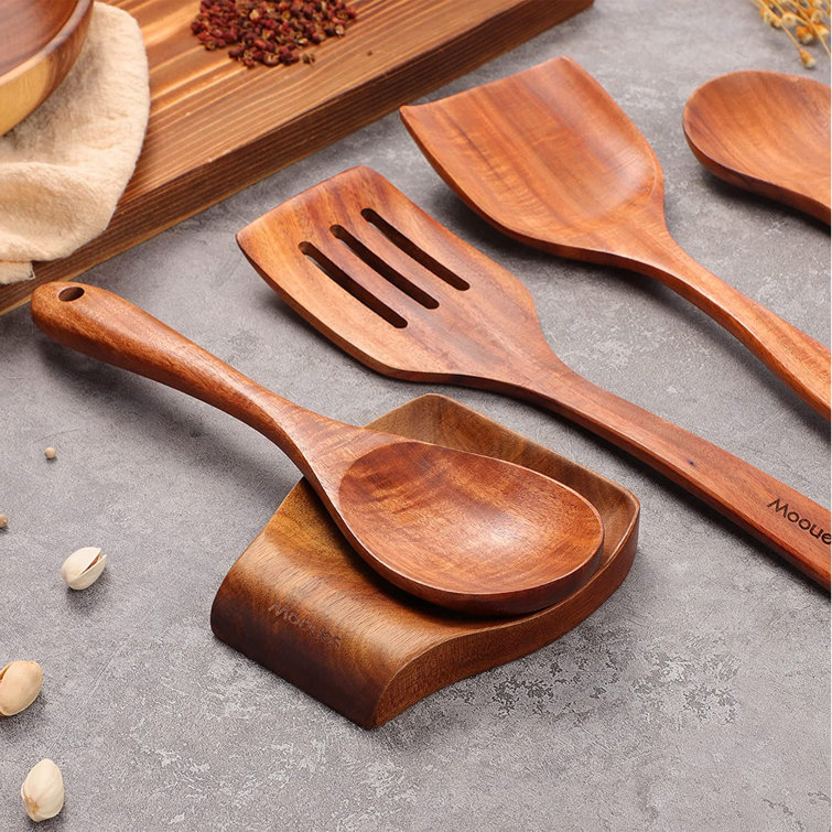 TKINGOP 9PCS Wooden Spoons for Cooking Handmade Natural Teak Wooden  Utensils for Cooking with Holder & Spoon Rest Comfortable Grip Kitchen  Utensils