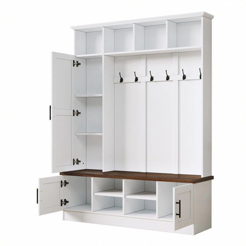Versatile 3-in-1 Hall Tree with 6 Hooks, Farmhouse Walnut Storage Bench with Adjustable Shelves, 55"W Modern Entryway Coat Rack with Multiple Storage Space for Mudroom, Living Room