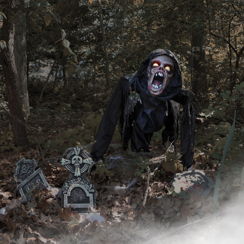 Animatronic Crouching Zombie with Lights and Sound, Indoor or Covered Outdoor Halloween Decoration