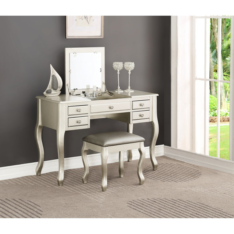 Silver Color Classic Vanity With Stool, Plywood , 43" Depth For Bedroom Decorative Accent Modern Open - Up Mirror And Rubber Wood 39" Height Ambiance