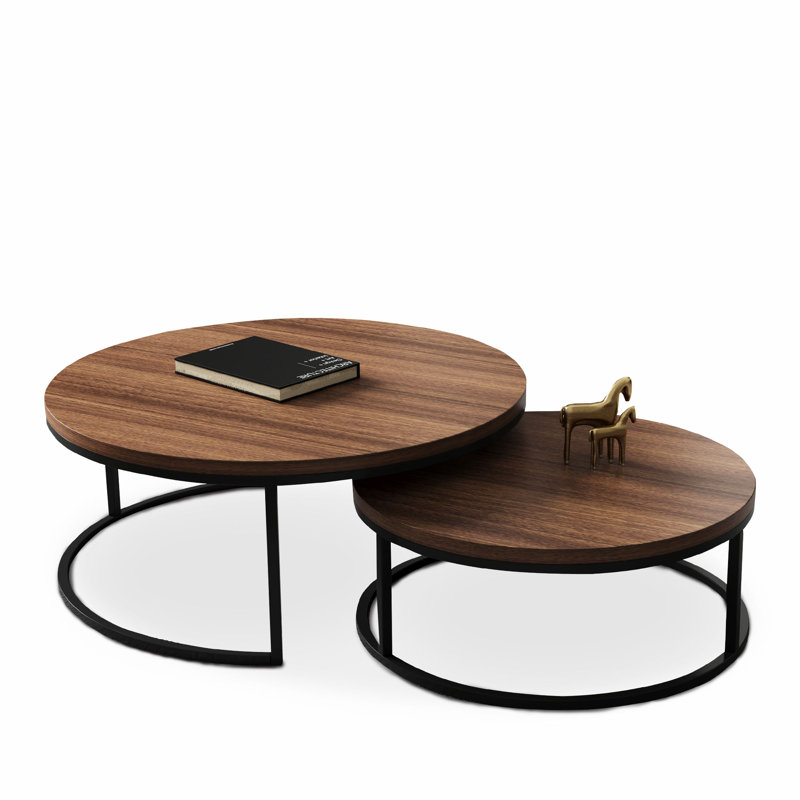 2 Piece Round Medieval Modern Nested Coffee Tables, Stackable Living Room Decorative Tables, Brown